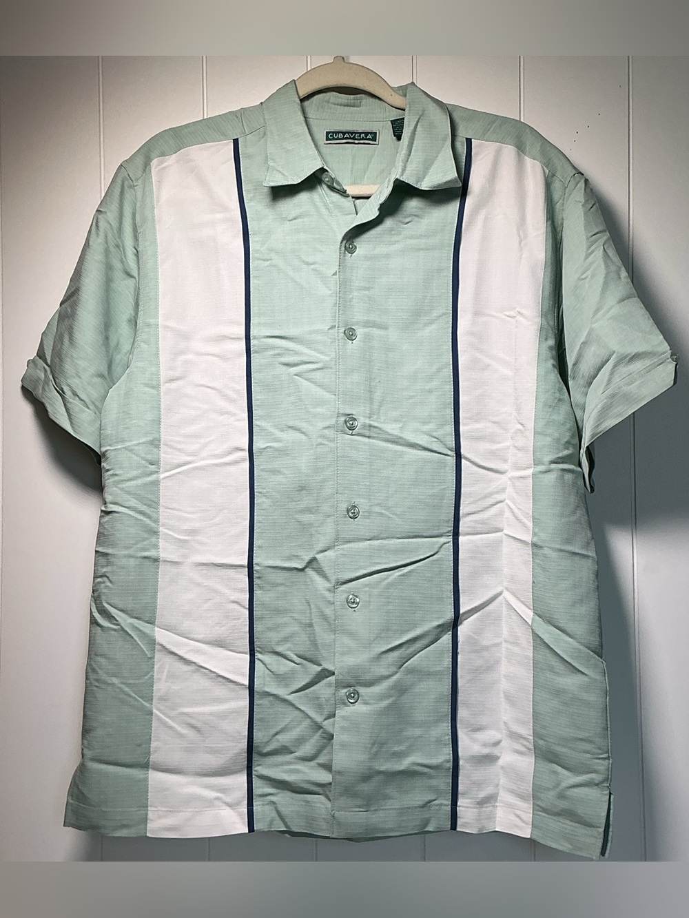 Cubavera Men's Medium Hawaiian Camp Shirt Button Up Short Sleeve Mint White Blue